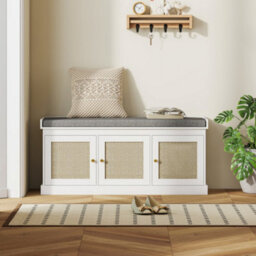 Homcom Shoe Storage Bench With Rattan Doors, Cushion, Entryway Shoe Bench - thumbnail 8