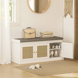 Homcom Shoe Storage Bench With Rattan Doors, Cushion, Entryway Shoe Bench - thumbnail 1