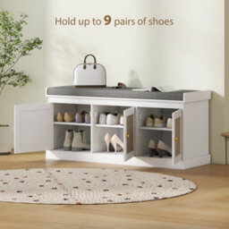 Homcom Shoe Storage Bench With Rattan Doors, Cushion, Entryway Shoe Bench - thumbnail 6