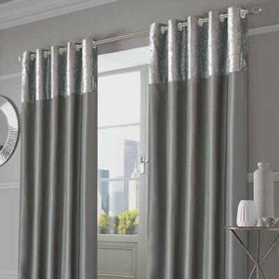 "Ohs Pair Of Crushed Velvet Band Curtains Fully Lined Eyelet Ring Silk Window Treatment Panels - Silver Grey, 66"" X 72"""
