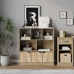 Urbn-Living Urbnliving Asymmetrical 8 Cube Oak Bookcase Freestanding Storage Unit With 3 Plain Doors - Oak - thumbnail 4