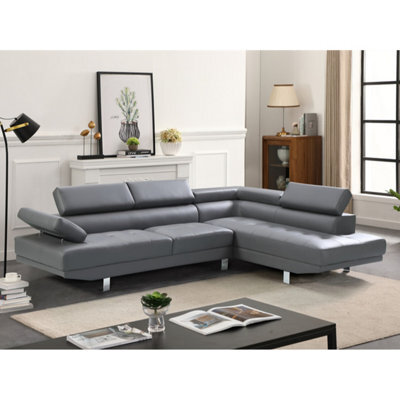 SquareBoxx Fidenza Leather Corner Sofa  Adjustable Headrests, L-Shaped Sectional, Contemporary Living Room Seating, Right Hand Facing, Grey