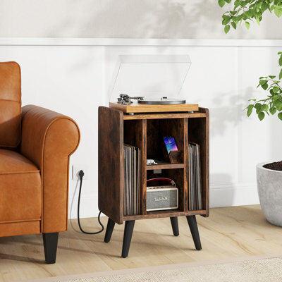 Costway Record Player Stand Vinyl Record Storage Side Table W/ Power Outlet, Brown - image 1