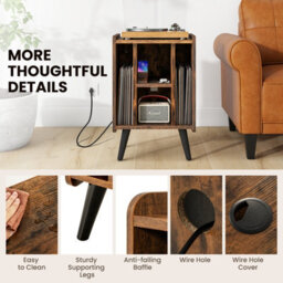 Costway Record Player Stand Vinyl Record Storage Side Table W/ Power Outlet, Brown - thumbnail 8