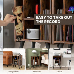 Costway Record Player Stand Vinyl Record Storage Side Table W/ Power Outlet, Brown - thumbnail 9