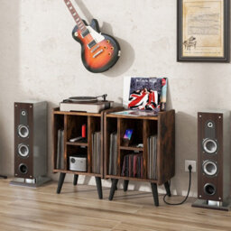 Costway Record Player Stand Vinyl Record Storage Side Table W/ Power Outlet, Brown - thumbnail 4