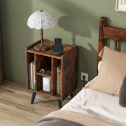 Costway Record Player Stand Vinyl Record Storage Side Table W/ Power Outlet, Brown - thumbnail 5