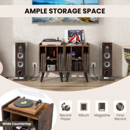 Costway Record Player Stand Vinyl Record Storage Side Table W/ Power Outlet, Brown - thumbnail 6