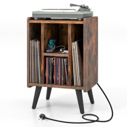 Costway Record Player Stand Vinyl Record Storage Side Table W/ Power Outlet, Brown - thumbnail 2