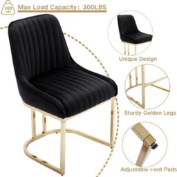 Hygrad Built to Survive Set Of 2 Velvet Dining Chairs Luxury Padded Dining Room Chairs Armless Gold Legs - Black - thumbnail 2