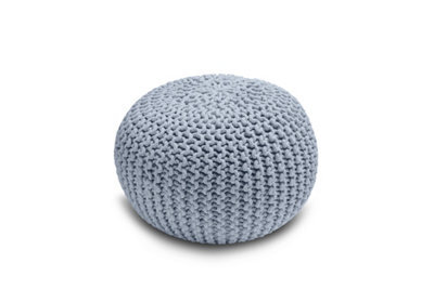 Knitted Pouffe Chunky Round Footstool Ottoman 100% Cotton Handmade Silver - image 1