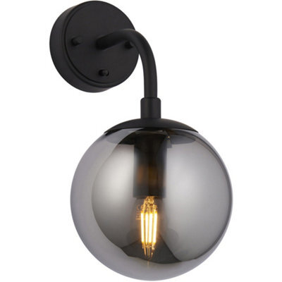 Loops Matt Black Wall Light - Modern Beautiful Smoked Mirror Glass Round Shade - Toggle Switch - image 1
