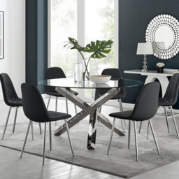Furniturebox Uk Vogue Large Round Chrome Metal Clear Glass Dining Table And 6 Black Corona Silver Dining Chairs Set - thumbnail 1