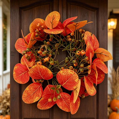 Amorly 3Pcs 24Cm Artificial Fall Eucalyptus Wreath Faux Orange Red Eucalyptus Berry Wreath For Front Door Autumn Harvest Decor - image 1