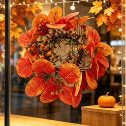 Amorly 3Pcs 24Cm Artificial Fall Eucalyptus Wreath Faux Orange Red Eucalyptus Berry Wreath For Front Door Autumn Harvest Decor - thumbnail 4