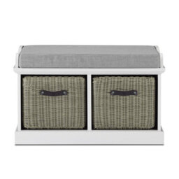 Statement Furniture Tetbury Bench With 2 Grey Faux Rattan Baskets And Grey Cushion- White - thumbnail 5