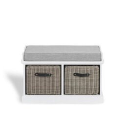 Statement Furniture Tetbury Bench With 2 Grey Faux Rattan Baskets And Grey Cushion- White - thumbnail 4