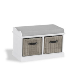 Statement Furniture Tetbury Bench With 2 Grey Faux Rattan Baskets And Grey Cushion- White - thumbnail 3