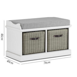 Statement Furniture Tetbury Bench With 2 Grey Faux Rattan Baskets And Grey Cushion- White - thumbnail 2