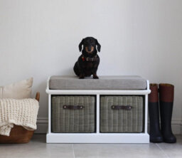 Statement Furniture Tetbury Bench With 2 Grey Faux Rattan Baskets And Grey Cushion- White