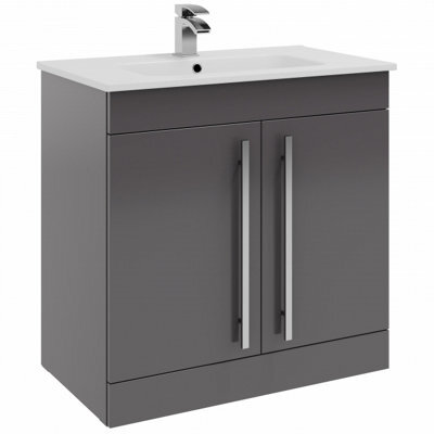 Clifton Bathroom 2-Door Floor Standing Vanity Unit With Ceramic Basin 800mm Wide - Storm Grey Gloss  - Brassware Not Included - image 1