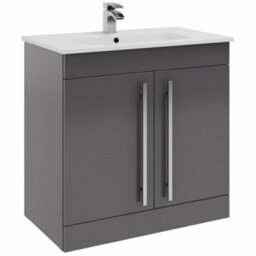 Clifton Bathroom 2-Door Floor Standing Vanity Unit With Ceramic Basin 800mm Wide - Storm Grey Gloss  - Brassware Not Included - thumbnail 1