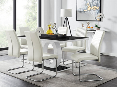 Furniturebox Giovani Rectangular 6 Seat White High Gloss Halo Structural Dining Table Black Glass Top 6 White Faux Leather Lorenzo Chairs - image 1