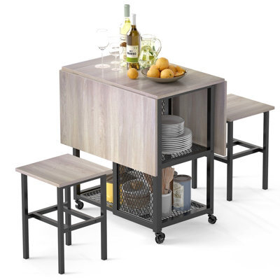 Gainoom Drop Leaf Bar Table Set 3 Piece Folding Dining Table Set W/ 2 Stools Grey - image 1