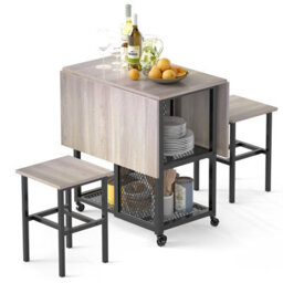 Gainoom Drop Leaf Bar Table Set 3 Piece Folding Dining Table Set W/ 2 Stools Grey - thumbnail 1