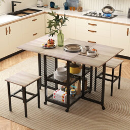 Gainoom Drop Leaf Bar Table Set 3 Piece Folding Dining Table Set W/ 2 Stools Grey - thumbnail 3