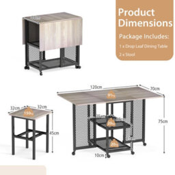 Gainoom Drop Leaf Bar Table Set 3 Piece Folding Dining Table Set W/ 2 Stools Grey - thumbnail 2