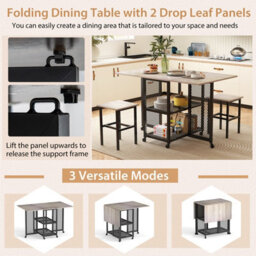 Gainoom Drop Leaf Bar Table Set 3 Piece Folding Dining Table Set W/ 2 Stools Grey - thumbnail 7