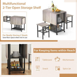 Gainoom Drop Leaf Bar Table Set 3 Piece Folding Dining Table Set W/ 2 Stools Grey - thumbnail 9