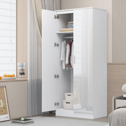 Reflect 2 Door Plain Wardrobe - White Gloss & Matt White - Hanging Rails & Shelves - H: 180Cm X W: 76Cm - Modern Sleek Design - thumbnail 2