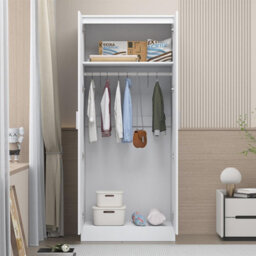Reflect 2 Door Plain Wardrobe - White Gloss & Matt White - Hanging Rails & Shelves - H: 180Cm X W: 76Cm - Modern Sleek Design - thumbnail 4