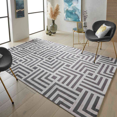 Light Grey Modern Easy To Clean Chequered Geometric Dining Room Bedroom And Living Room Rug -160Cm X 230Cm
