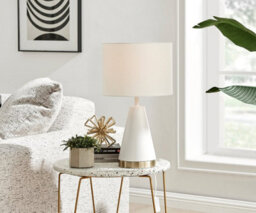Furniturebox Zoe White Conical Table Lamp With Gold Chrome Base And White Fabric Light Shade Including A Rated Energy Efficient Led Bulb - thumbnail 1