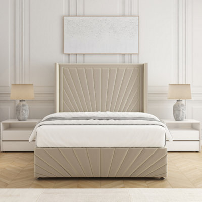 Bsspoke Nola Divan Bed In Cream Plush Velvet With 54Inch Headboard & Footboard & Mattress No Drawers In 3Ft 4Ft 4Ft6 5Ft 6Ft - image 1