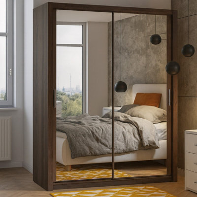 Bono Sz150 Wardrobe With Sliding Doors Mirrors Hanging Rail Shelves Modern Bedroom Storage Monastery Oak - image 1