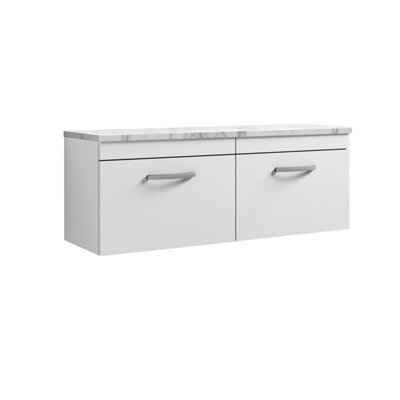 Nuie Athena Wall Hung Vanity Unit With 2 Soft-Close Drawers & Carrera Marble Laminate Top