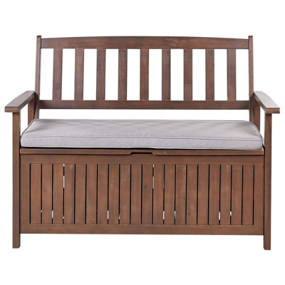 Beliani Garden Bench With Cushion Sovana 120 Cm With Storage Acacia Wood Light Grey - image 1