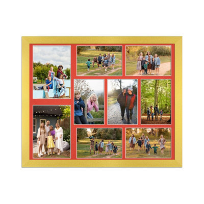 AK Frames 20X16 Gold Modern Multi Photo Frame With Poppy Red Mount - Holds 9 Apertures (2X) 7X5, (7X) 6X4 Photos - image 1