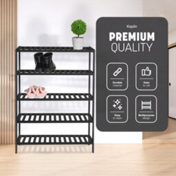 Keplin 5 Tier Natural Bamboo Shoe Rack Easy Assembly & Strong Design Shelf Organiser Ideal For Bedroom, Bathroom, (Black) - thumbnail 3