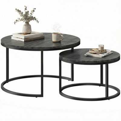 Black Wood Grain Steel Frame 2Pcs Stacking Coffee Table Set - image 1