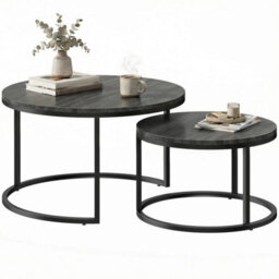 Black Wood Grain Steel Frame 2Pcs Stacking Coffee Table Set