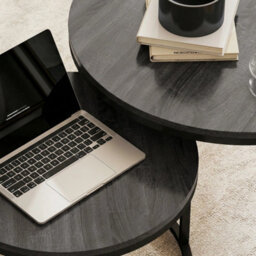 Black Wood Grain Steel Frame 2Pcs Stacking Coffee Table Set - thumbnail 5
