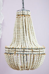 Orsina White Grey Boho Chandelier, Wooden Beaded Hanging Ceiling Light, Basket Drop Handmade Pendant, Light Fixture - thumbnail 4
