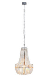 Orsina White Grey Boho Chandelier, Wooden Beaded Hanging Ceiling Light, Basket Drop Handmade Pendant, Light Fixture