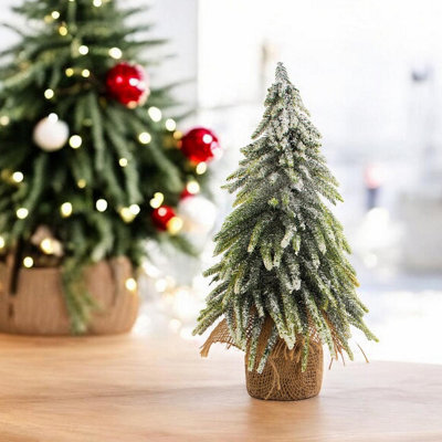 Decorative Snow Topped Mini Christmas Tree In Hessian Bag - Festive Xmas Ornament Decoration - H35 X 19Cm Diameter - image 1