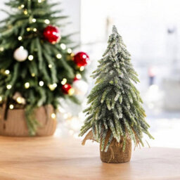 Decorative Snow Topped Mini Christmas Tree In Hessian Bag - Festive Xmas Ornament Decoration - H35 X 19Cm Diameter - thumbnail 1